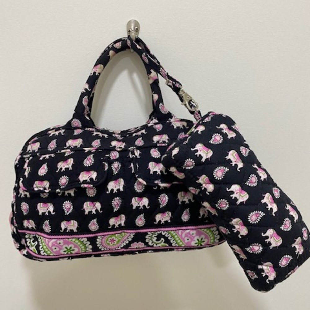 Vera Bradley Black and Pink Elephant Handbag and Wristlet Wallet